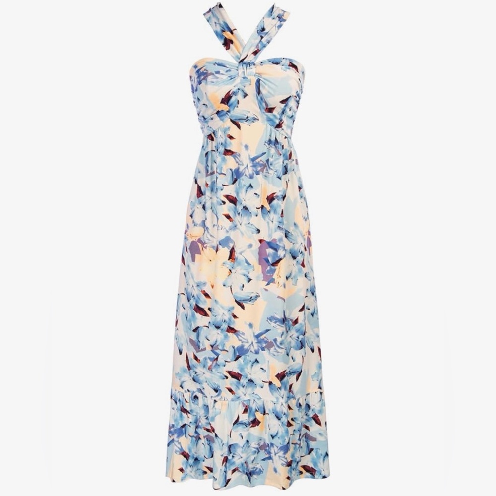 Grace Karin Floral Print Cross Halter Neck Maxi Dress – L